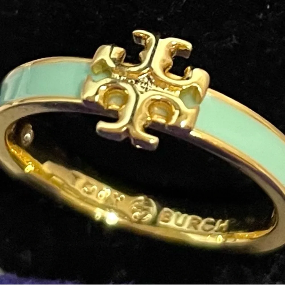 Tory Burch Gold Ring with Mint Enamel New with Bag. Size 7 - Picture 1 of 5